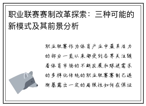 职业联赛赛制改革探索:三种可能的新模式及其前景分析